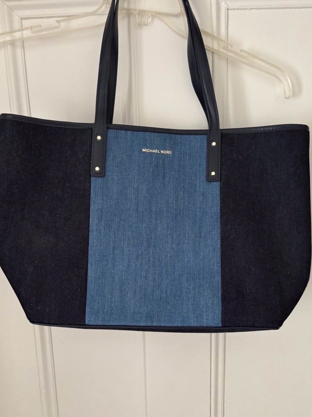 Michael Kors Carter Large Denim Multi Open Tote Blue Black Gold Designer Bag